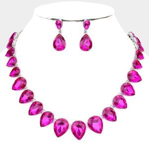 Teardrop Fuchsia Crystal Silver Evening Necklace Set
